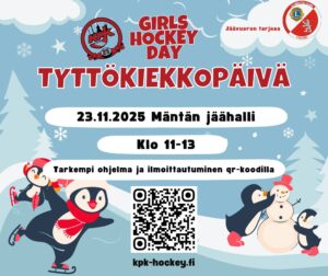 tyttökiekkopäivä mäntän jäähallissa. Kuvassa luistelevia pingviinejä ja qr-koodi ilmoittautumista varten.